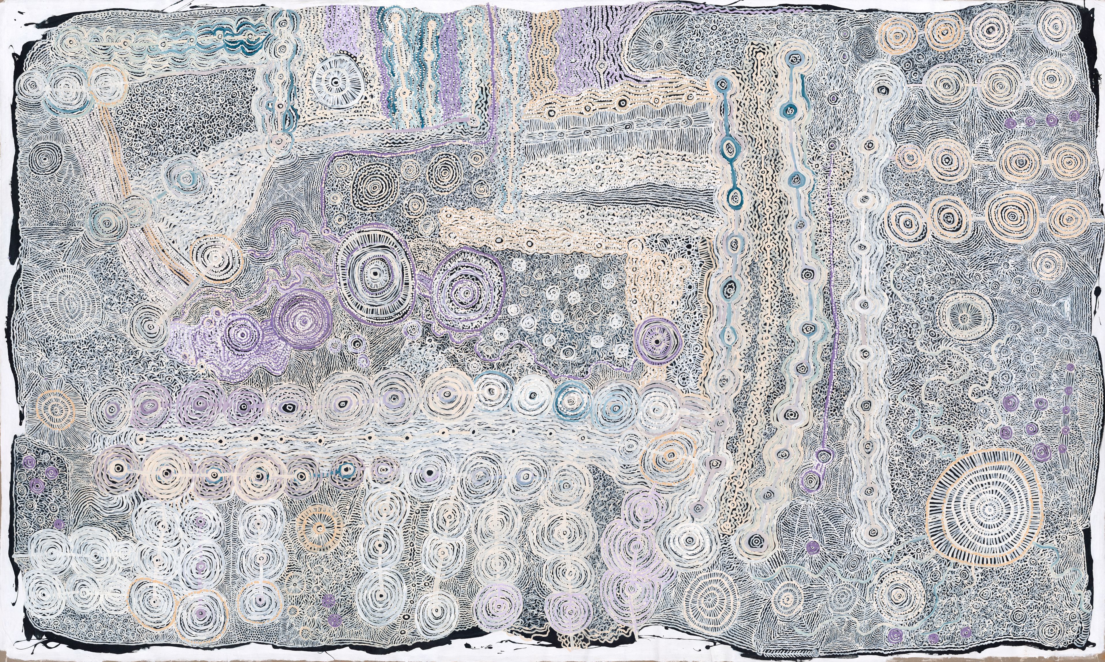 Betty Muffler (Pitjantjatjara, born 1945) and Maringka Burton (Pitjantjatjara, born 1950), Ngangkari Ngura (Healing Country) 2022, synthetic polymer paint on linen, 300 × 500 cm. The University of Melbourne Art Collection.