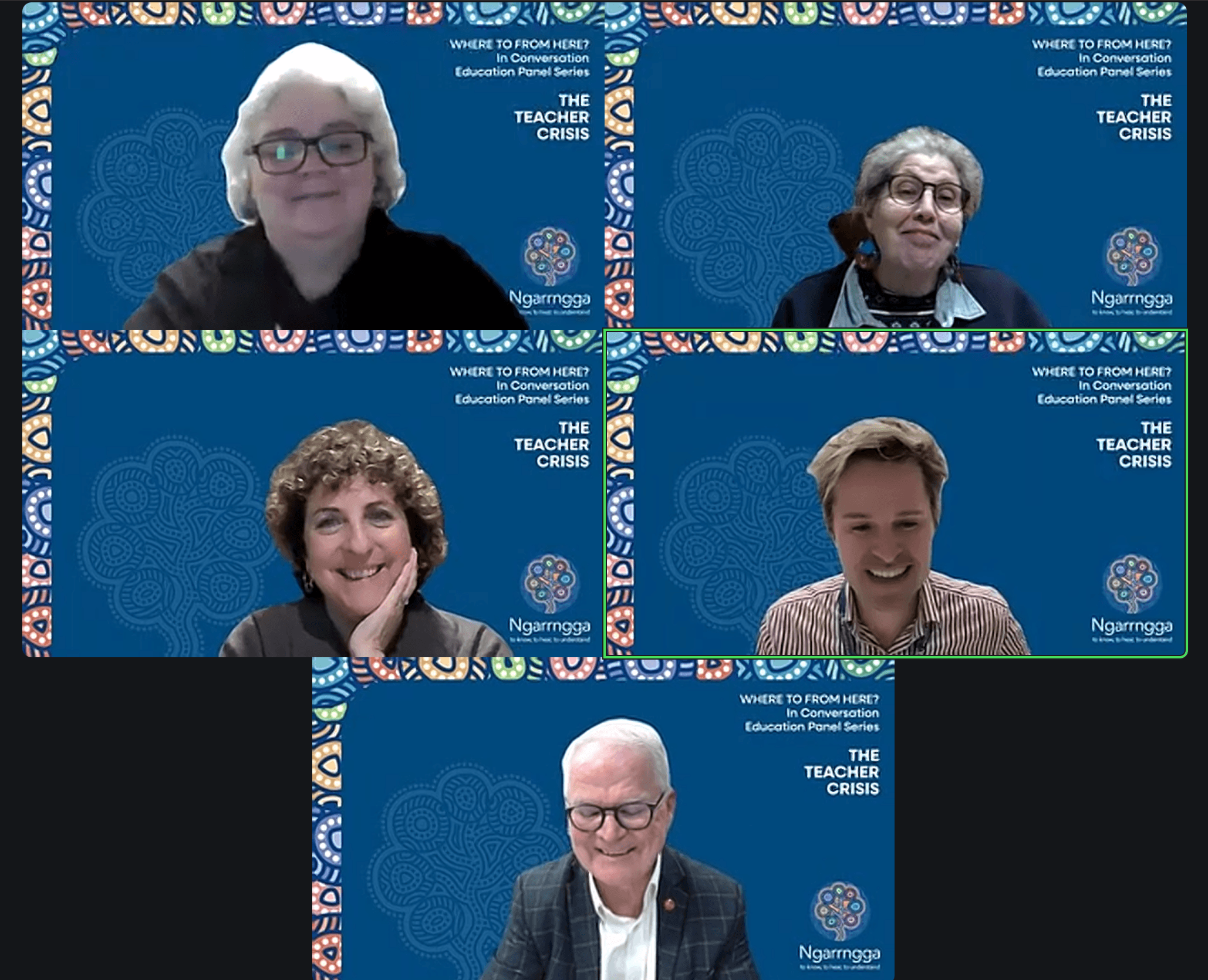 WTFH Panel #1 Zoom Screenshot Screenshot of 'Where to from here in Indigenous panel #1: The Teacher Crisis' panelists smiling