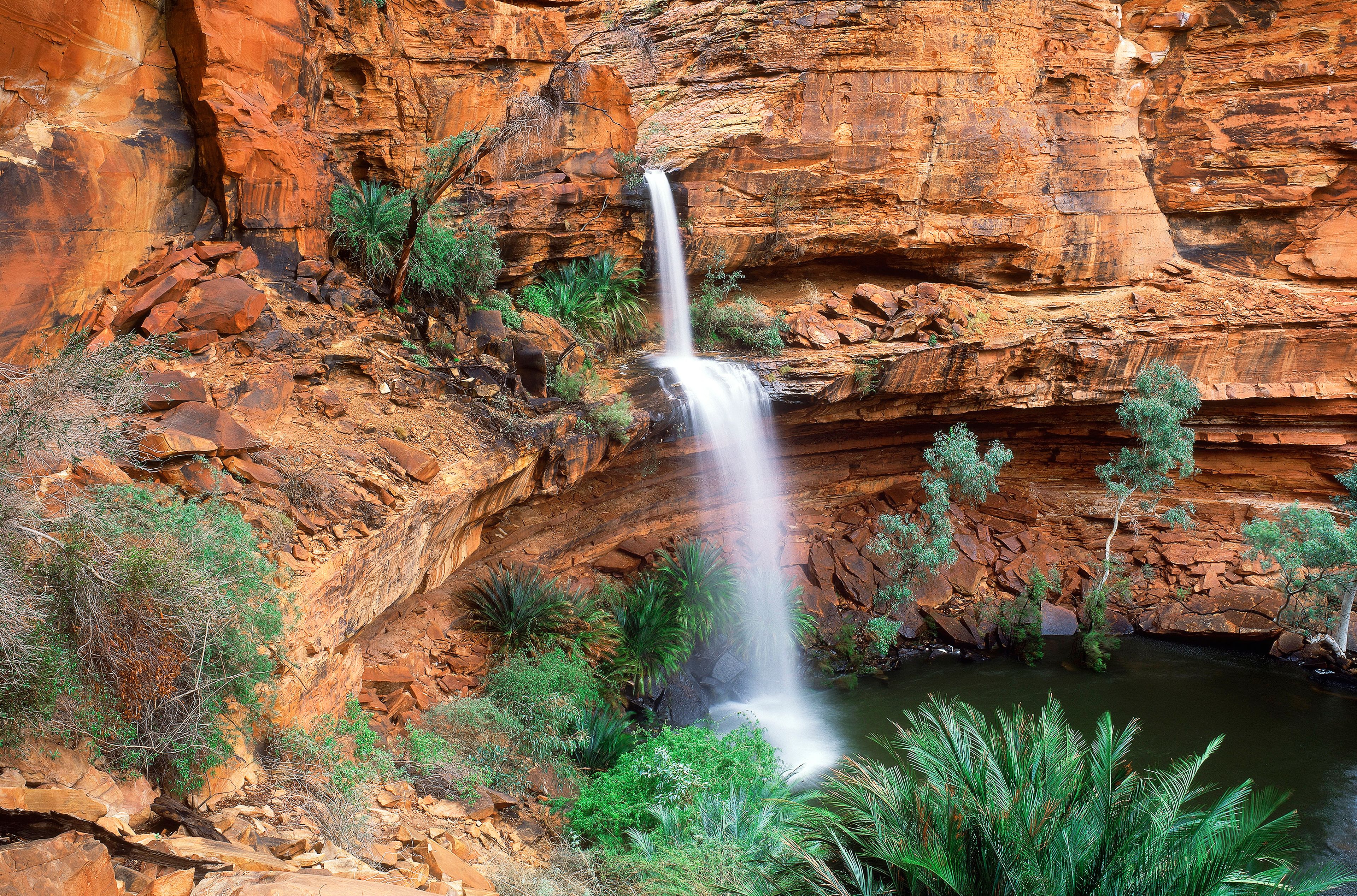 A thin waterfall of streaming white water surrounded by red rocky cliffs and a few deep green plants.